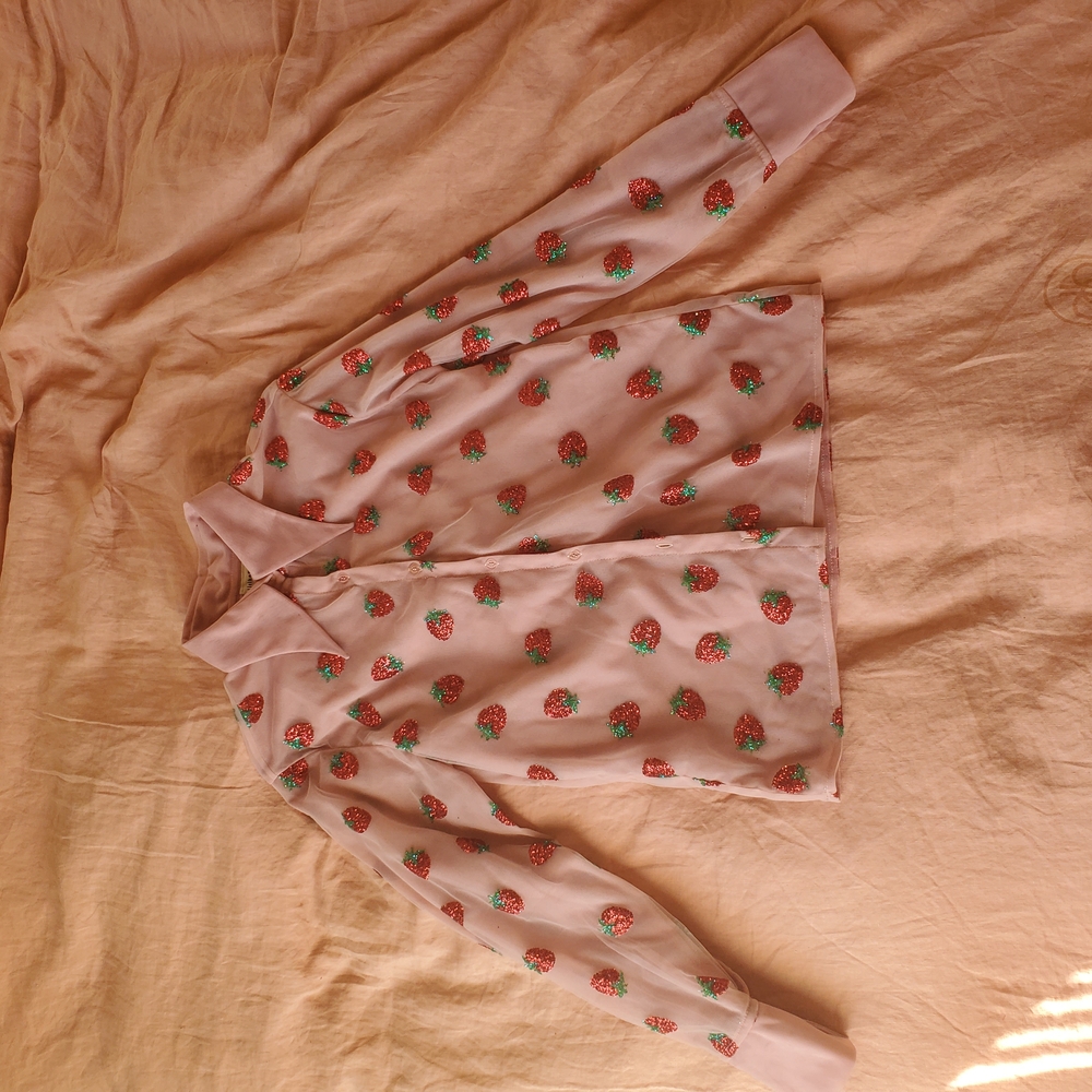 Pink Tulle Shirt with Glitter Strawberry Accents
